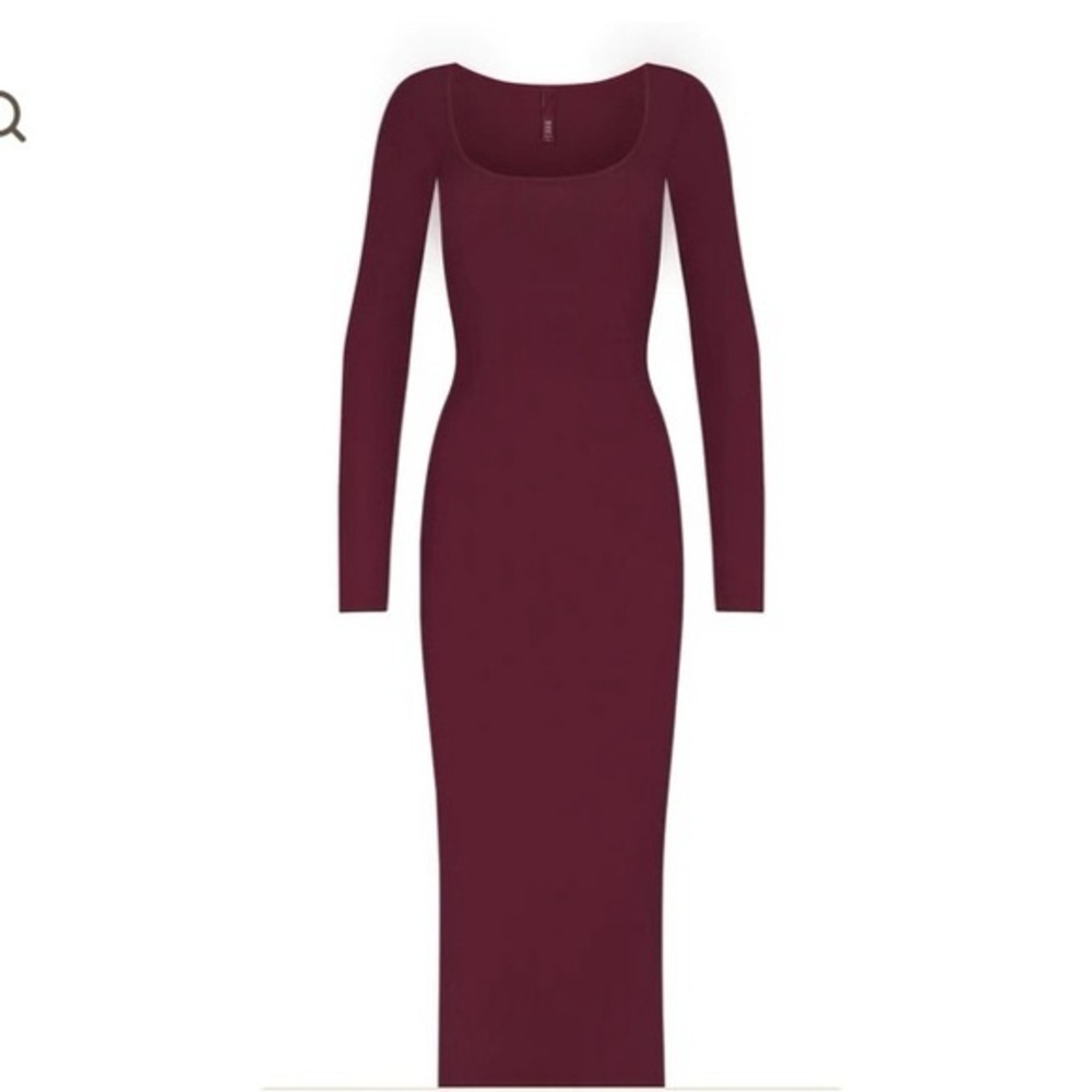 SKIMS Long Sleeve Scoop Neck Maxi Dress in Burgundy